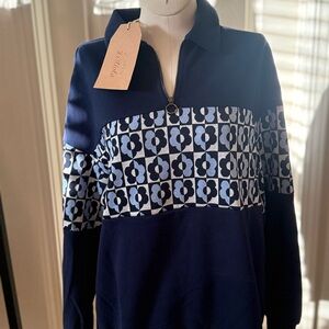 Hatch Navy and White Patterned Zip-Up Sweater